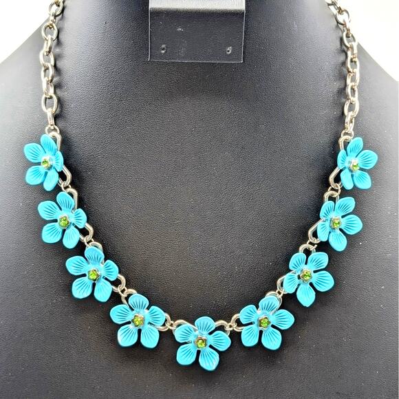 Nine Blue Metal Green Crystal Flowers on Silver Tone Chain 18"-21" Necklace - Picture 1 of 7